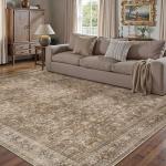HUGEAR Area Rug 5x7 Vintage Brown Machine Washable Living Room Rugs Distressed Retro Floral Vacuumable Low Pile Carpet Bedroom Office Dining Room Laundry Room Non Slip Soft Lightweight
