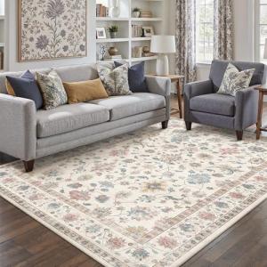 HUGEAR Area Rug 5x7 Vintage Colorful Machine Washable Living Room Rugs Distressed Retro Floral Vacuumable Low Pile Carpet Bedroom Office Dining Farmhouse Playroom Non Slip