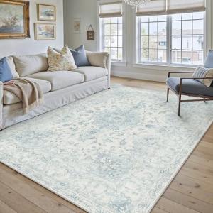 HUGEAR Area Rug 5x7 Vintage Blue Machine Washable Living Room Rugs Thin Neutral Floral Vacuumable Low Pile Carpet Bedroom Office Dining Room Laundry Room Non Slip Soft Lightweight