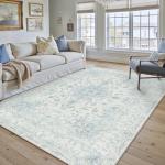 HUGEAR Area Rug 5x7 Vintage Blue Machine Washable Living Room Rugs Thin Neutral Floral Vacuumable Low Pile Carpet Bedroom Office Dining Room Laundry Room Non Slip Soft Lightweight