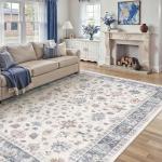 HUGEAR Area Rug 6x9 Vintage Blue Machine Washable Living Room Rugs Distressed Retro Floral Vacuumable Low Pile Carpet Bedroom Office Dining Farmhouse Playroom Non Slip