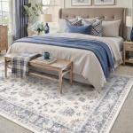 HUGEAR Area Rug 6x9 Vintage Blue Machine Washable Living Room Rugs Distressed Retro Floral Vacuumable Low Pile Carpet Bedroom Office Dining Farmhouse Playroom Non Slip