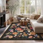 5x7 Area Rugs for Living Room: Machine Washable Rug for Bedroom Non Slip Low Pile Soft Faux Wool Non Shedding Distressed Vintage Floral Carpet for Dining Room Kitchen Nursery Farmhouse Entryway Indoor