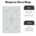 HUGEAR Area Rug 5x7 Vintage Blue Machine Washable Living Room Rugs Thin Neutral Floral Vacuumable Low Pile Carpet Bedroom Office Dining Room Laundry Room Non Slip Soft Lightweight