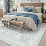 HUGEAR Area Rug 5x7 Vintage Blue Machine Washable Living Room Rugs Thin Neutral Floral Vacuumable Low Pile Carpet Bedroom Office Dining Room Laundry Room Non Slip Soft Lightweight