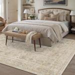 HUGEAR 5x7 Area Rug Beige Vintage Machine Washable Living Room Rugs Distressed Retro Floral Vacuumable Low Pile Carpet Bedroom Office Dining Room Laundry Room Non Slip Soft Lightweight