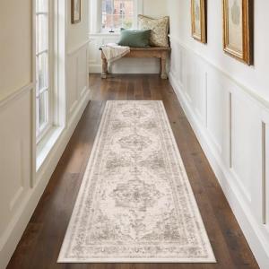 Beige Vintage Medallion Washable Runner Rug 2x8