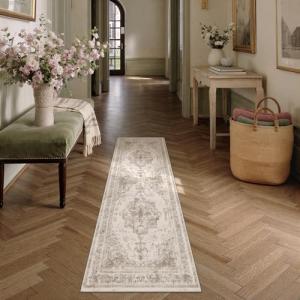 Beige Vintage Medallion Washable Runner Rug 2x6