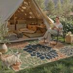 Navy and Orange Floral Jute Outdoor Area Rug