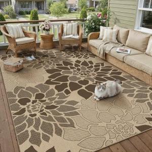 PureCozy 5x7 Brown Floral Jute Outdoor Rug