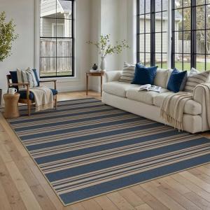 Navy Blue Striped 5x7 Jute Area Rug