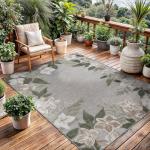 Washable 5x7 Outdoor Rug with Green Floral Border
