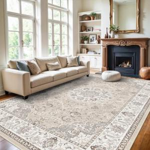 9x12 Washable Beige Area Rug for Living Spaces