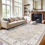 9x12 Washable Beige Area Rug for Living Spaces