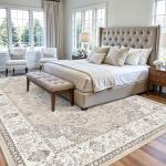 9x12 Washable Beige Area Rug for Living Spaces