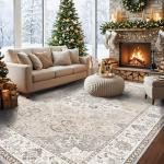 9x12 Washable Beige Area Rug for Living Spaces