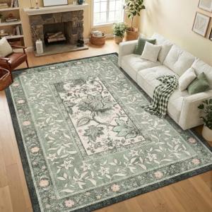 Sage Green Botanical 5x7 Vintage Area Rug
