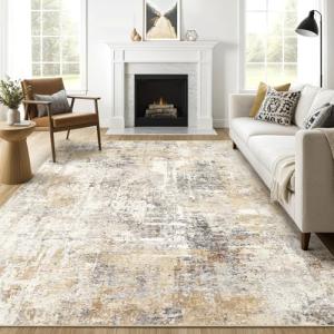 Washable 8x10 Abstract Area Rug - Grey Gold