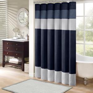 Navy Faux Silk Striped Shower Curtain, 72"x72