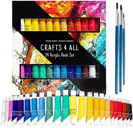 24 Vibrant Acrylic Paints with 3 Free Brushes