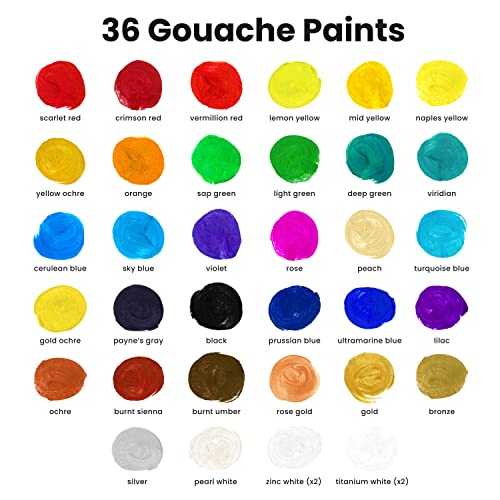 Gouache Paint Set - 36 Vivid Non-Toxic Colors
