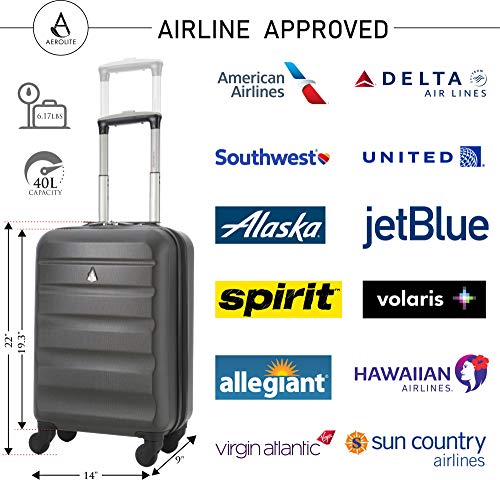 Aerolite Carry On Luggage Bag | Rolling Travel Suitcase Large Capacity | Lightweight Small Hard Shell Trolley for Men & Women | Approved by Delta, United, Southwest & Many More | 22x14x9 (All parts)