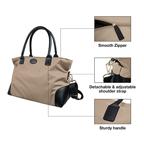 ECOSUSI Duffle Bag Weekender Bag Nylon Overnight Bag Travel Tote Carry On Bag with Trolley Sleeve for Travel, Sports, Beige