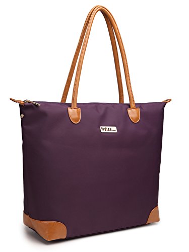 NNEE® Water Resistance Nylon Tote Bag & Multiple Pocket Design - Purple (Beige Lining)