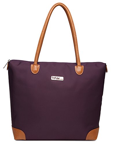 NNEE® Water Resistance Nylon Tote Bag & Multiple Pocket Design - Purple (Beige Lining)