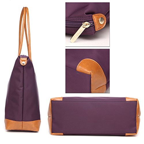 NNEE® Water Resistance Nylon Tote Bag & Multiple Pocket Design - Purple (Beige Lining)