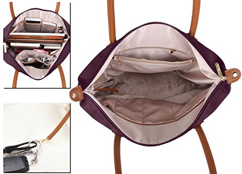 NNEE® Water Resistance Nylon Tote Bag & Multiple Pocket Design - Purple (Beige Lining)