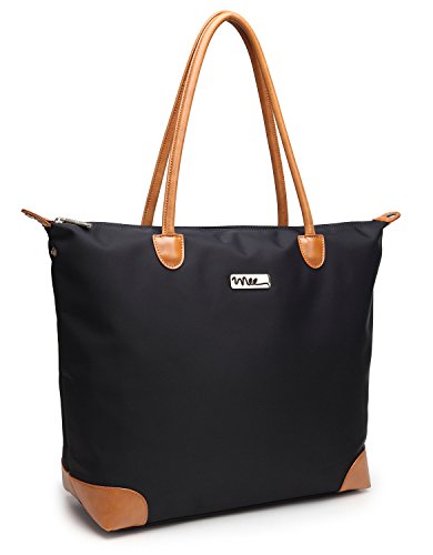 NNEE® Water Resistance Nylon Tote Bag & Multiple Pocket Design - Black (Beige Lining)