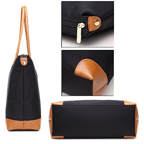 NNEE® Water Resistance Nylon Tote Bag & Multiple Pocket Design - Black (Beige Lining)