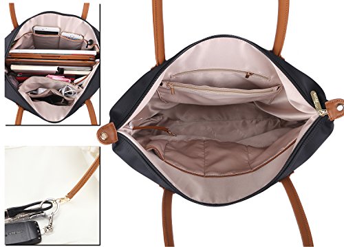 NNEE® Water Resistance Nylon Tote Bag & Multiple Pocket Design - Black (Beige Lining)