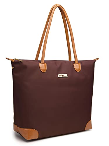 NNEE Nylon Tote Bag With Faux Leather Trim & Multiple Pocket Design (Brown)