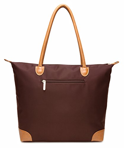 NNEE Nylon Tote Bag With Faux Leather Trim & Multiple Pocket Design (Brown)