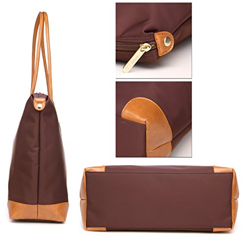NNEE Nylon Tote Bag With Faux Leather Trim & Multiple Pocket Design (Brown)