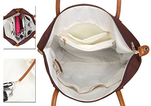 NNEE Nylon Tote Bag With Faux Leather Trim & Multiple Pocket Design (Brown)