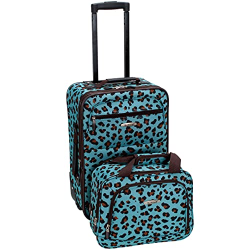 Rockland Fashion Softside Upright Luggage Set,Expandable,Telescopic Handle,Wheel, Blue Leopard, 2-Piece (14/19)