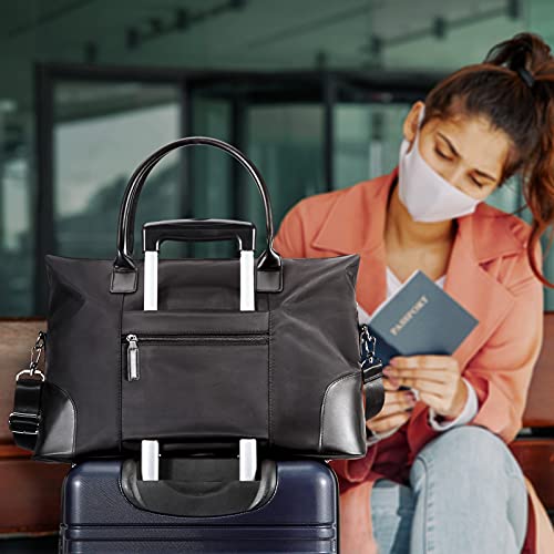 ECOSUSI Duffle Bag Weekender Bag Nylon Overnight Bag Travel Tote Carry On Bag with Trolley Sleeve for Travel, Sports, Black