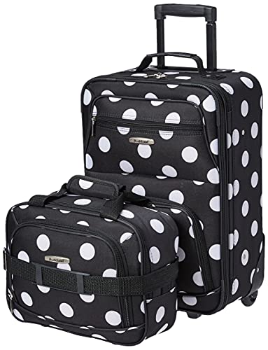 Rockland Fashion Softside Upright Luggage Set,Expandable, Telescopic Handle, Wheel, Black Dot, 2-Piece (14/19)
