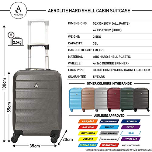 Aerolite 22x14x9” American, United & Delta Airlines MAX ABS Hardshell Luggage Suitcase Spinner Carry On (22" + 2nd Bag, Charcoal)