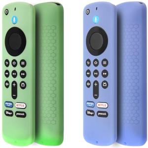Pinowu Remote Cover Case (2pcs) Compatible with Fire TV Stick HD / 4K(2nd Gen) / 4K Plus /4K Select Alexa Voice Remote, Anti Slip Silicone Sleeve with Wrist Strap (Green,Sky Blue,Glow)