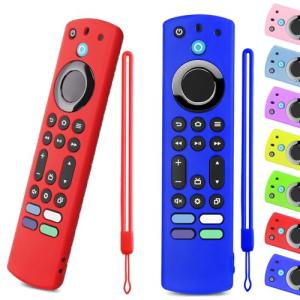 OneBom (2pcs) Silicone Remote Cover for Firetv 4K Max (2nd)/ Insignia/Pioneer/Toshiba/Omni (QLED) Series, Anti-Slip Protective Case with Same Color Lanyard (Blue&Red)