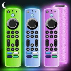 OneBom (3Pcs) Silicone Remote Case Glow in The Dark for Firetv 4K Max (2nd)/Insignia/Pioneer/Omni (QLED) Series with Lanyard, Lightweight Anti-Slip Shockproof(Glow Blue&Glow Green&Glow Purple)