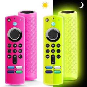 (2 Pack) Fire Stick Remote Cover 3rd Gen with Alexa Voice Remote,Fire TV Remote Cover Glow in The Dark, Anti Slip Shockproof Silicone Protective Case with Lanyard(Glow Yellow&Not Glow Rose Red)