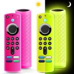 (2 Pack) Fire Stick Remote Cover 3rd Gen with Alexa Voice Remote,Fire TV Remote Cover Glow in The Dark, Anti Slip Shockproof Silicone Protective Case with Lanyard(Glow Yellow&Not Glow Rose Red)