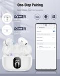 Wireless Earbuds, Bluetooth 5.4 Headphones Bass Stereo, Ear Buds with Noise Cancelling Mic, LED Display in Ear Earphones Clear Calls, IP7 Waterproof Bluetooth Earbuds for Phones/Sports/Laptop, White