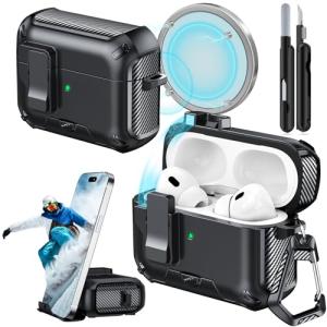 JOREMX for AirPods Pro 2 Case (2023/2022/2019) with Phone Stand,（with Automatic Snap Switch） Carbon Fiber Design Protection Cover for Airpods Pro 2nd/1st Gen with Cleaning Pen,Balck