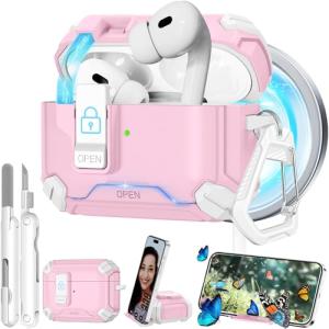 for AirPods Pro 2 Case with Secure Lock & Phone Stand, Compatible with MagSafe, Pink Cover for Apple AirPods Pro 2nd/1st Generation, Shock Protective Airpod Cases with Cleaner, Keychain, Auto-Open